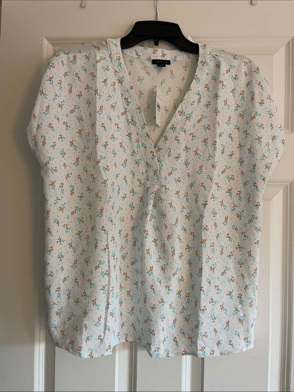 Ann Taylor White Blouse with Teal & Tan Floral Print